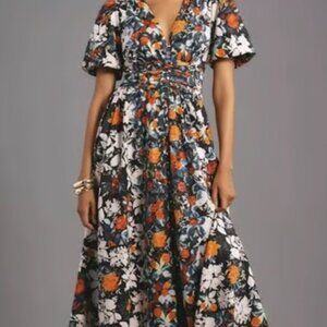 Anthropologie Vibrant Floral Maxi Dress - Black, White, Orange